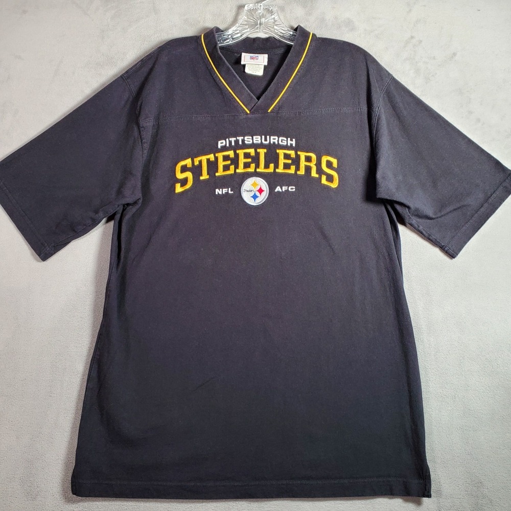 Vintage NFL Pittsburgh Steelers T Shirt Mens M Black V Neck Embroidered 2004 Y2K